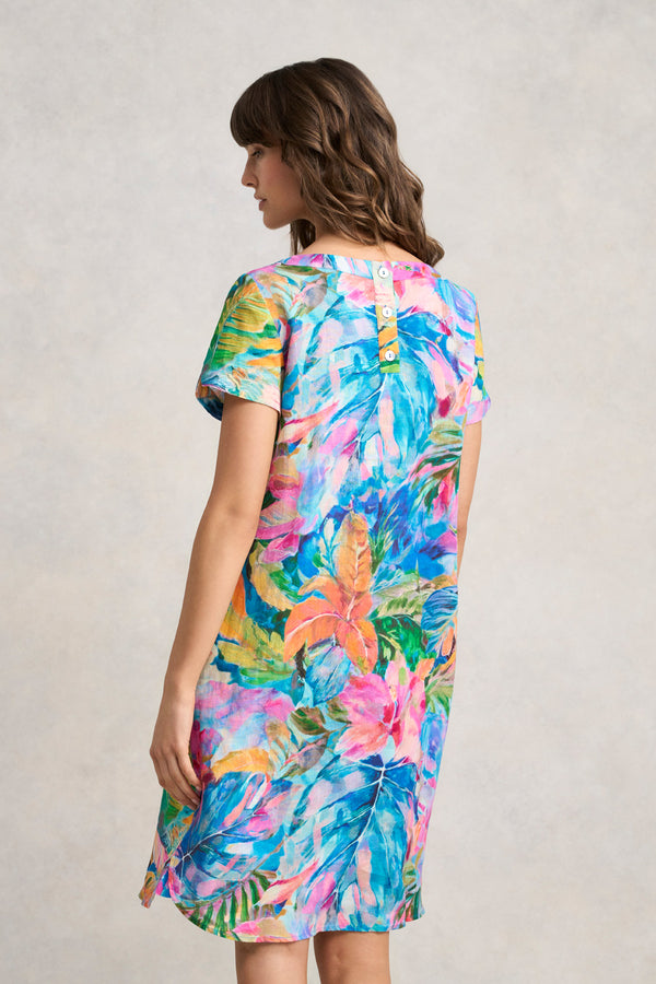 Printed Linen Dress - Vibrant Palm Print