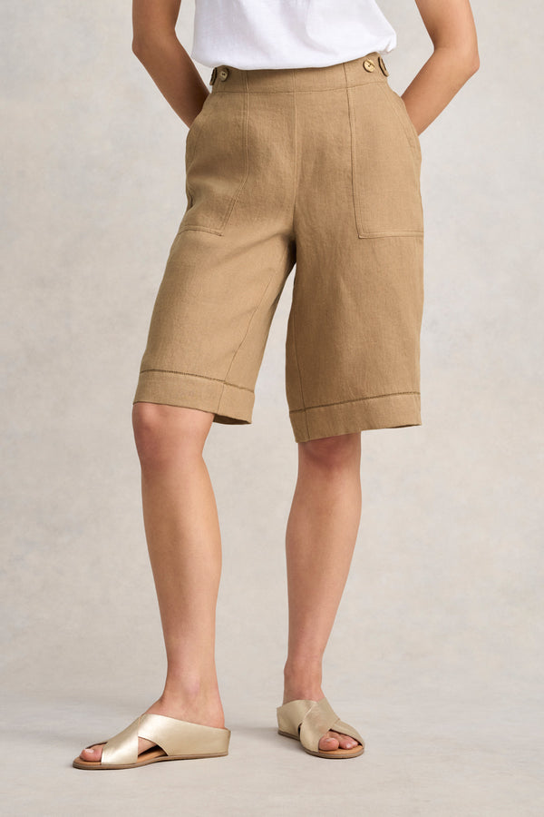 Tab Detail Linen Short - Camel Twill