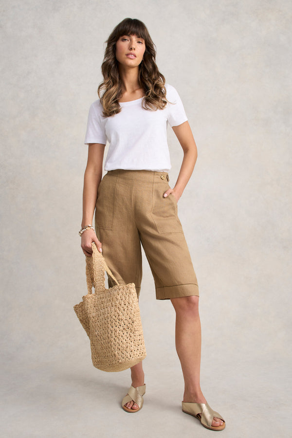 Tab Detail Linen Short - Camel Twill