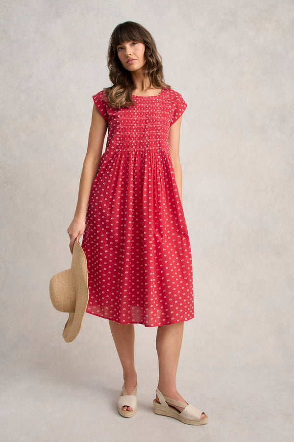 Cotton Shirred Dress - Poppy White Spot