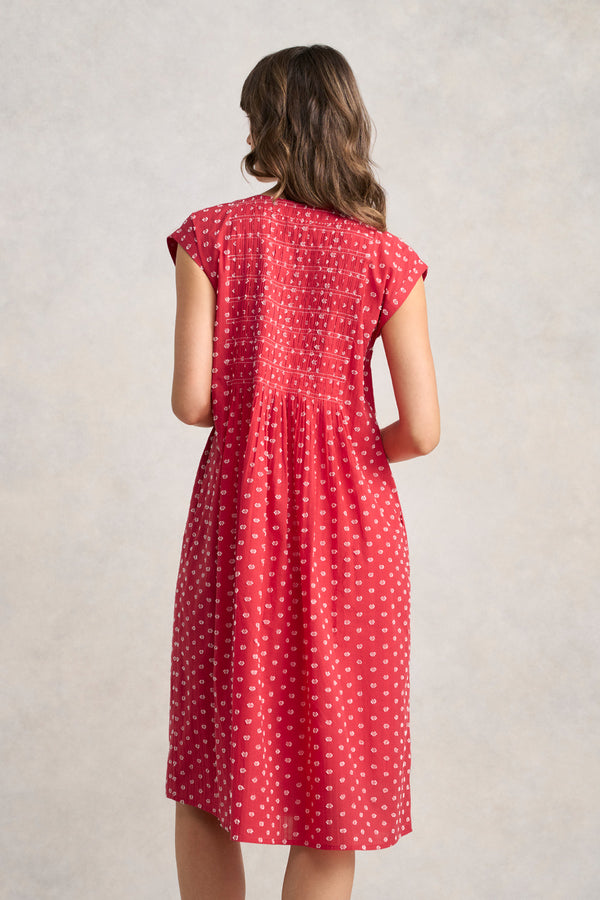 Cotton Shirred Dress - Poppy White Spot