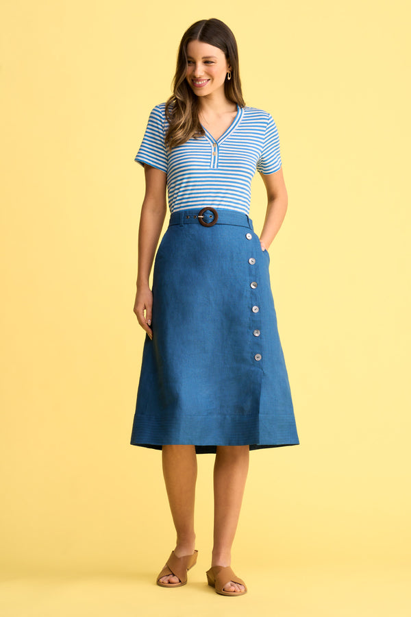Belted Linen Skirt - Navy Cross Dye
