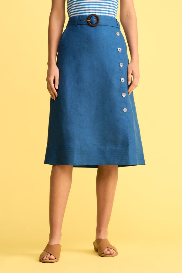 Belted Linen Skirt - Navy Cross Dye