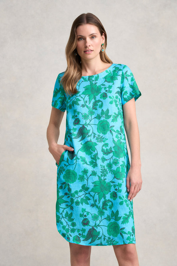 French Linen Shift Dress - Emerald Floral