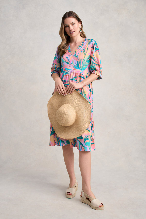 Jersey Tiered Dress - Multi Palm Print