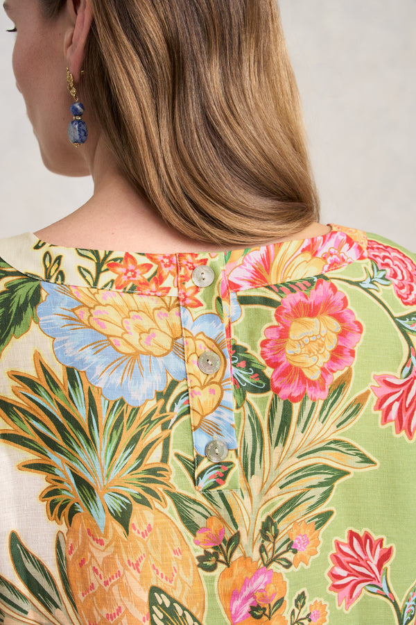 Printed French Linen Dress - Tropical Placement