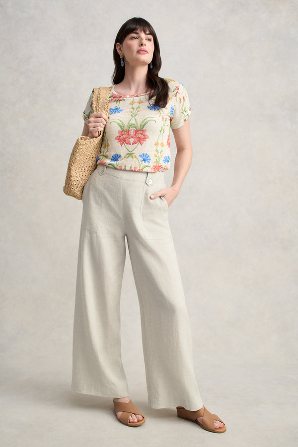 Twist Sleeve Linen T-Shirt - Paradise Print