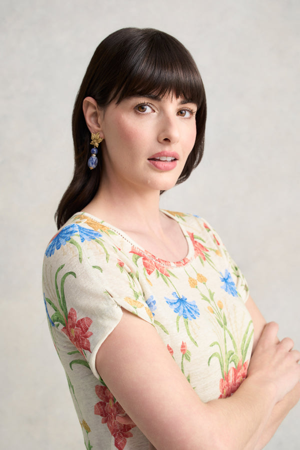 Twist Sleeve Linen T-Shirt - Paradise Print