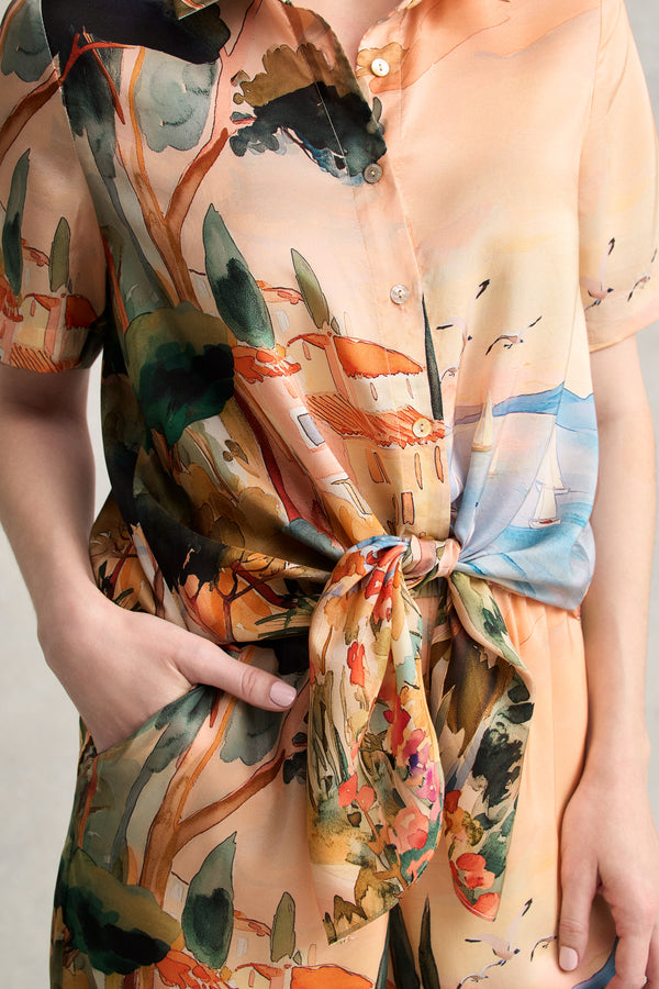 Scenic Print Silk Shirt - Coastal Scenic Print