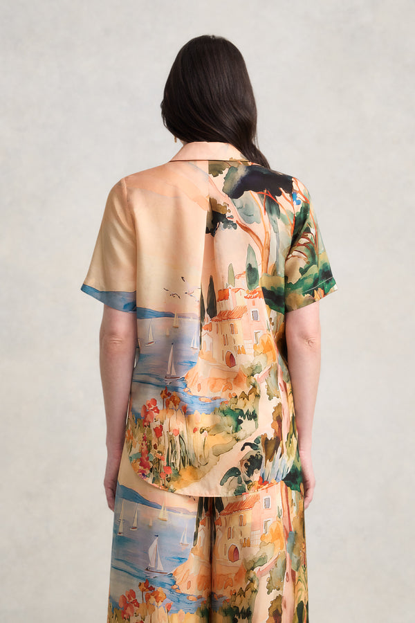 Scenic Print Silk Shirt - Coastal Scenic Print