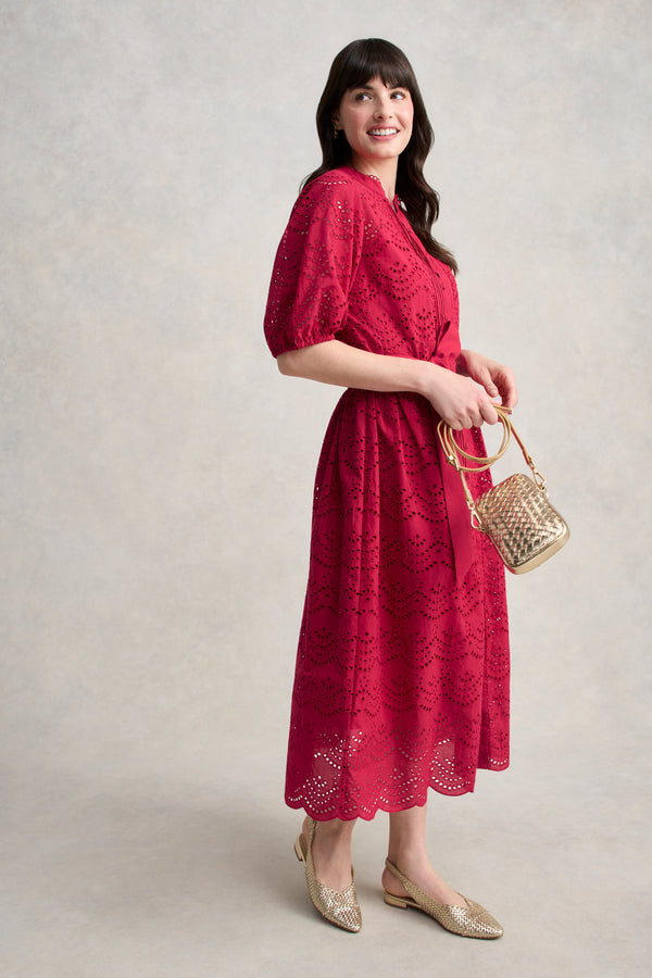 Cotton Broderie Dress - Brick Red