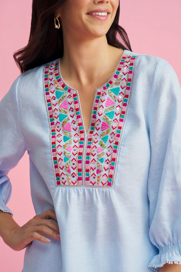 Embellished Tunic - Aqua Cross Dye