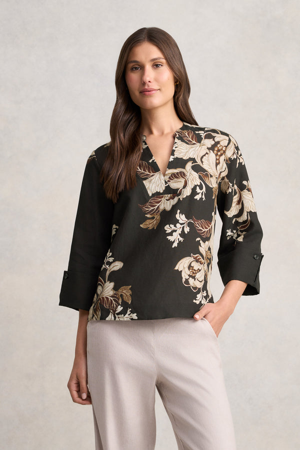 Relaxed Printed Blouse - Black Foliage Print