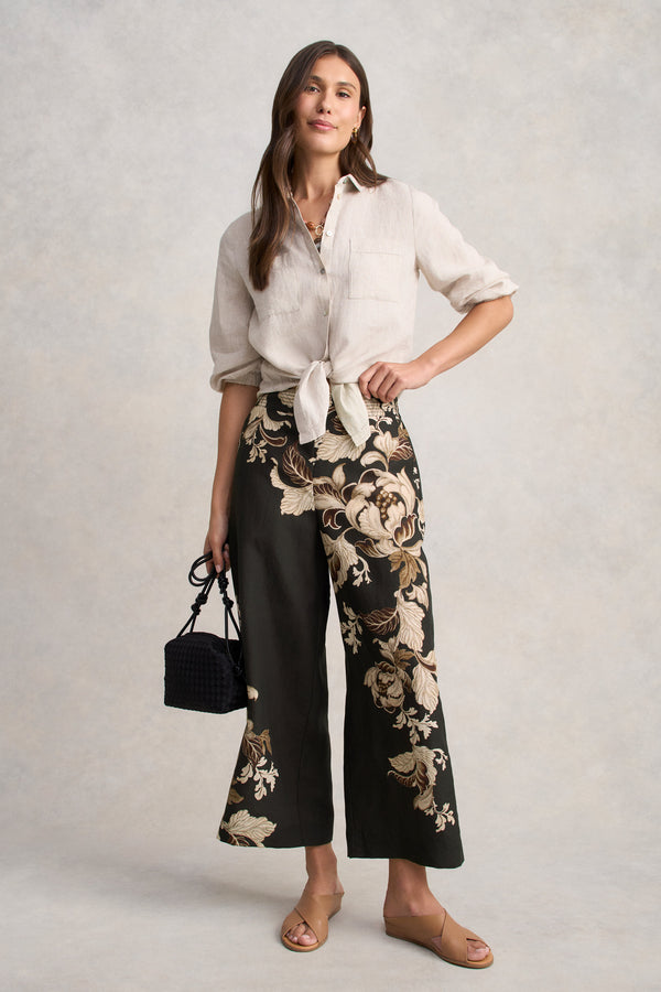Printed Wide Leg Pant - Black Foliage Print