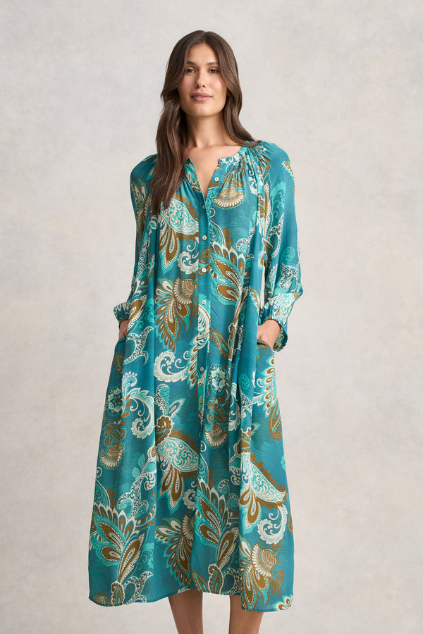 Gathered Trapeze Dress - Vivid Paisley Print