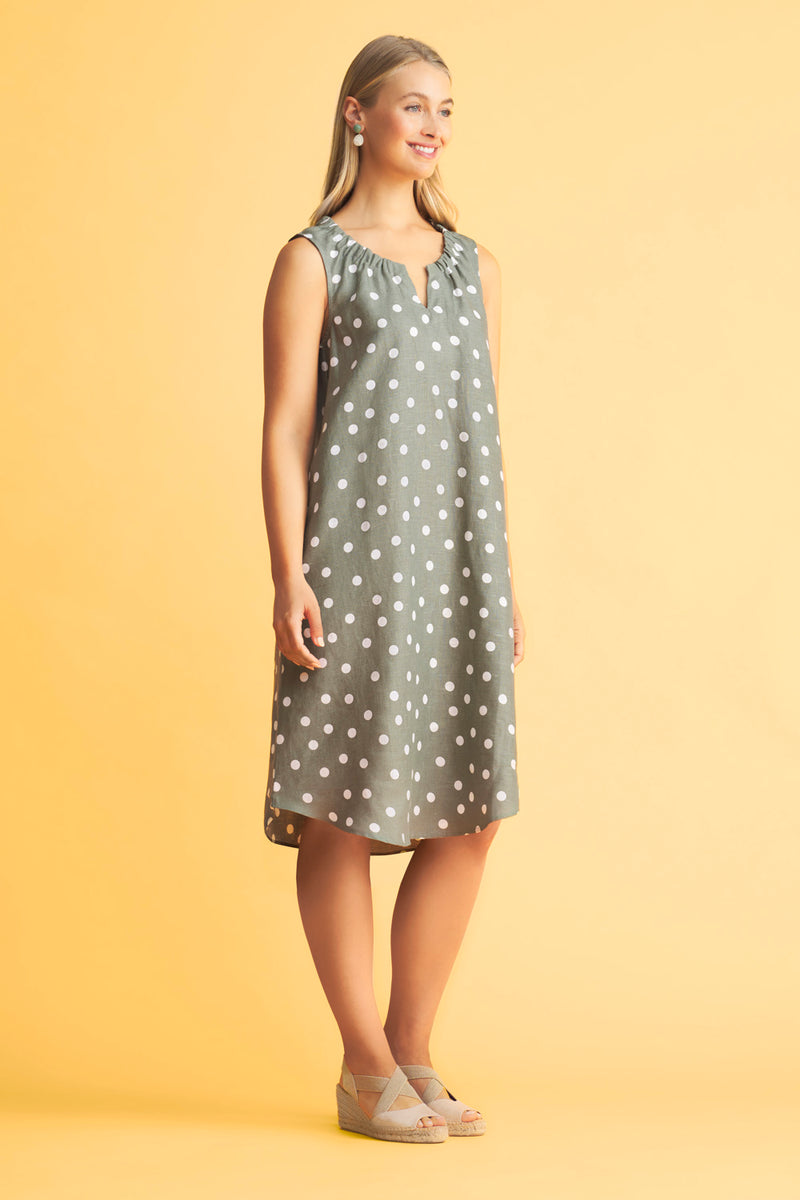 Gathered French Linen Dress Blue Illusion