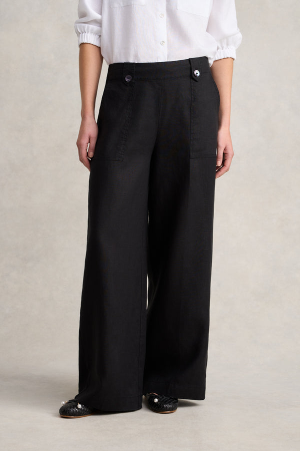 Full Length Waist Tab Linen Pant - Black