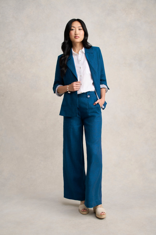 Full Length Waist Tab Linen Pant - Navy Delave