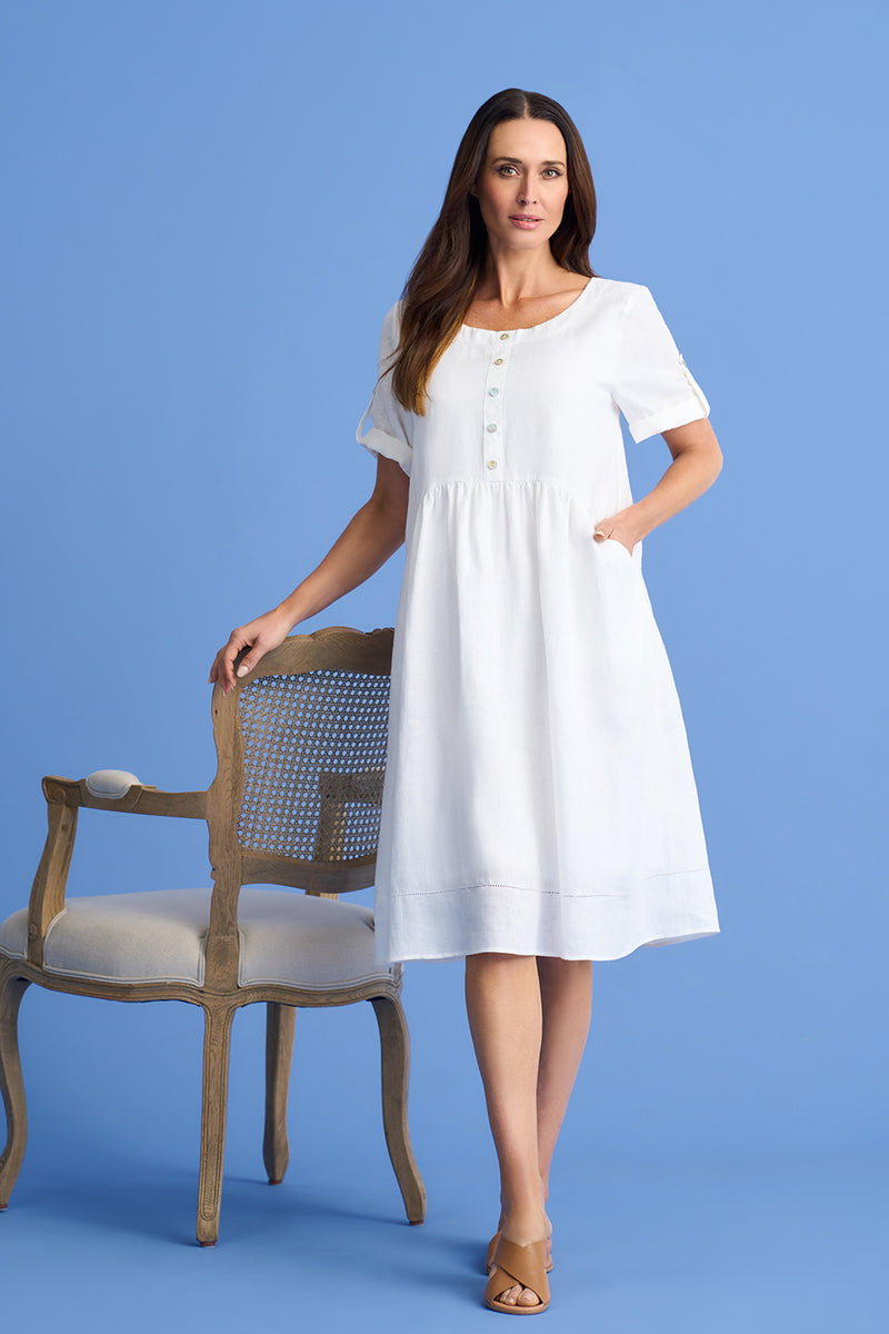 Lace Insert French Linen Dress – Blue Illusion