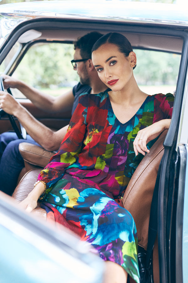 Pleated Georgette Dress - Oversized Floral Print