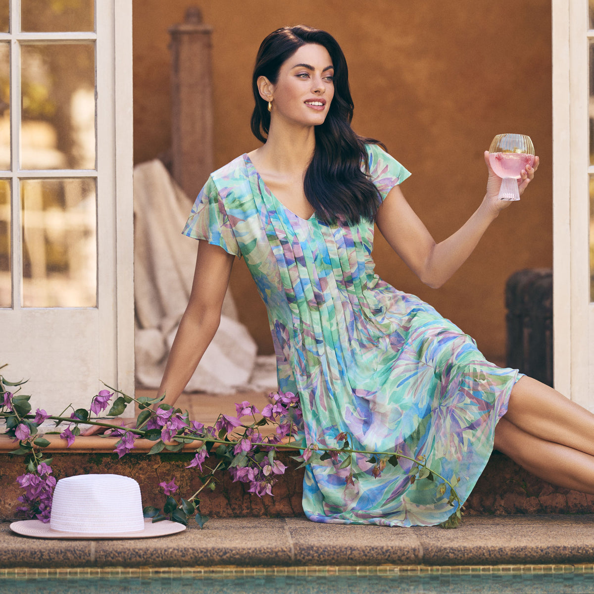 Flutter Sleeve Print Dress Blue Illusion