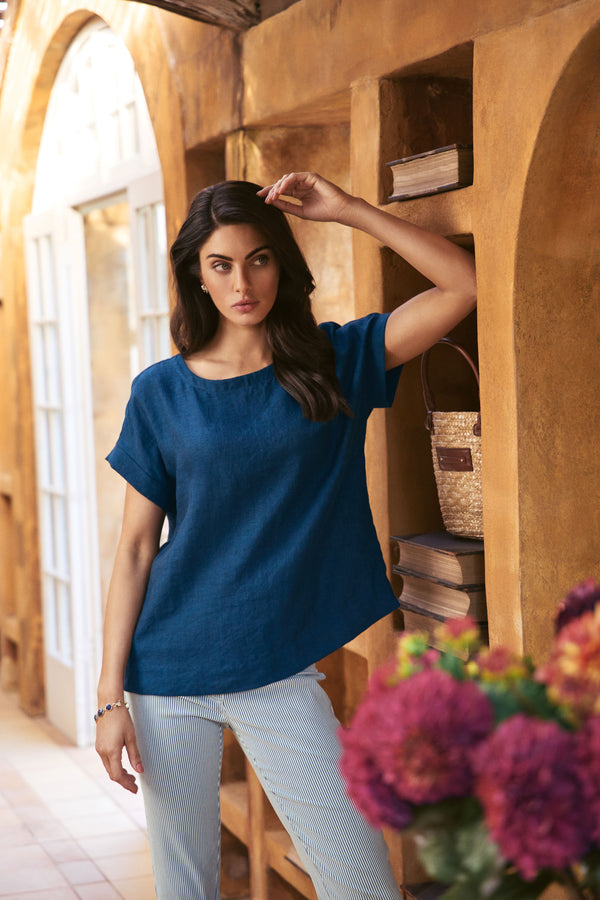 Linen Button Back Top - Navy Delave