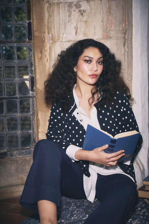 Jacquard Cotton Cardigan - Deep Navy Spot