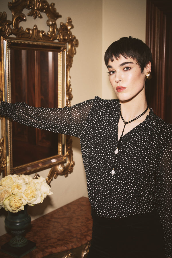 Shirred Georgette Blouse - Black & White Spot