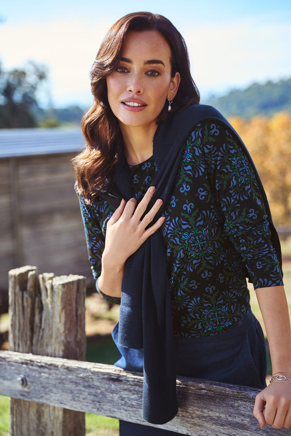 Long Sleeve Crew Neck Top - La Boheme Print