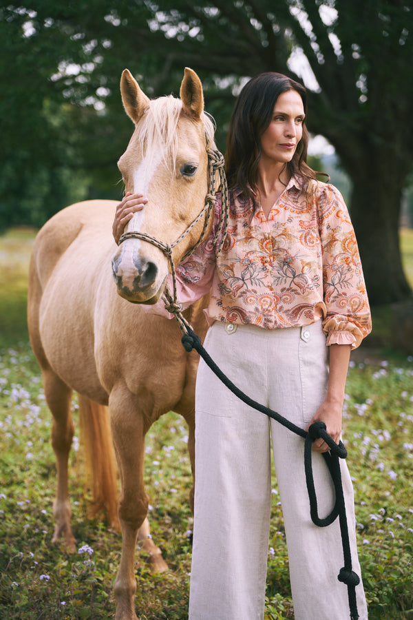 Cotton Silk Printed Shirt – Peach Paisley Print