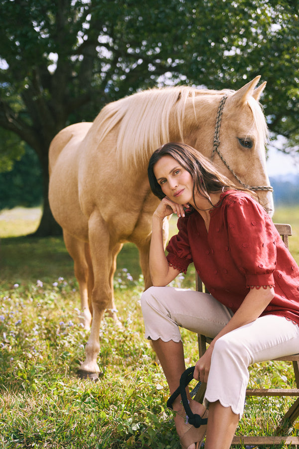 Lace Trim Linen Top – Crimson