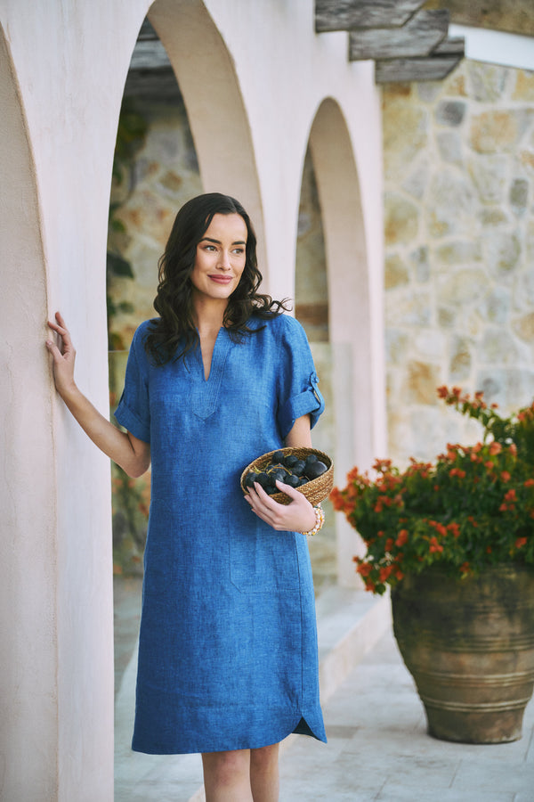 Stitch Detail Linen Dress – Periwinkle Cross Dye