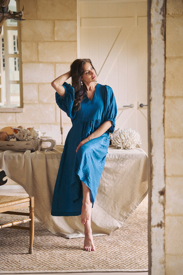 Gathered Sleeve Silk Dress - Teal
