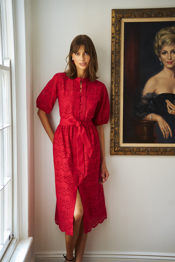 Cotton Broderie Dress - Brick Red