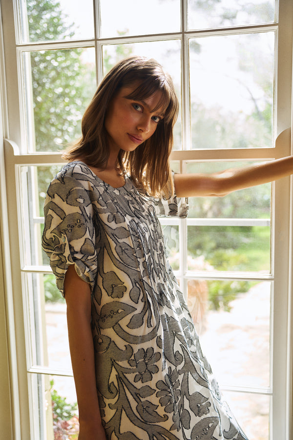 Cotton Pleat Front Dress - Paisley Jacquard