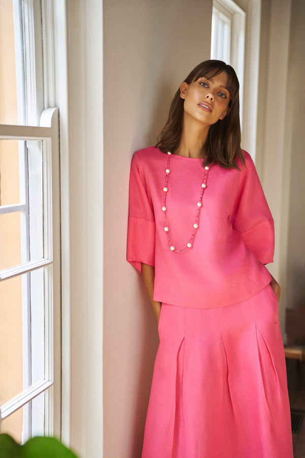 Button Detail Linen Skirt - Sunset Pink