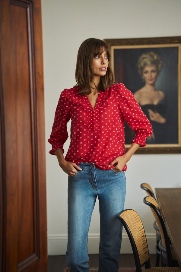 Ruffle Cotton Top - Poppy White Spot