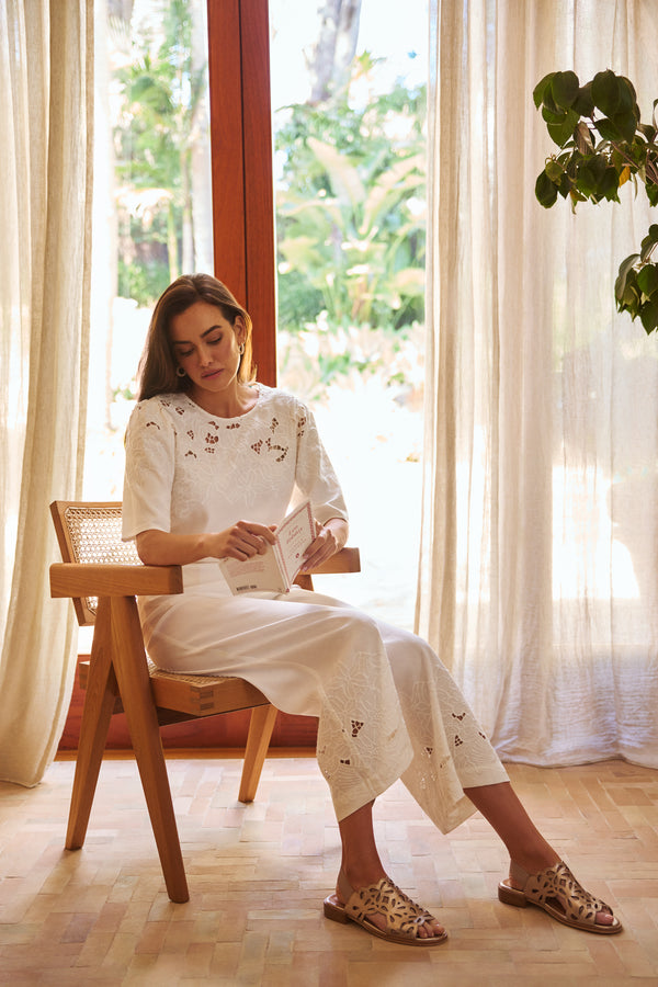 7/8th Embroidered Pant - Warm White