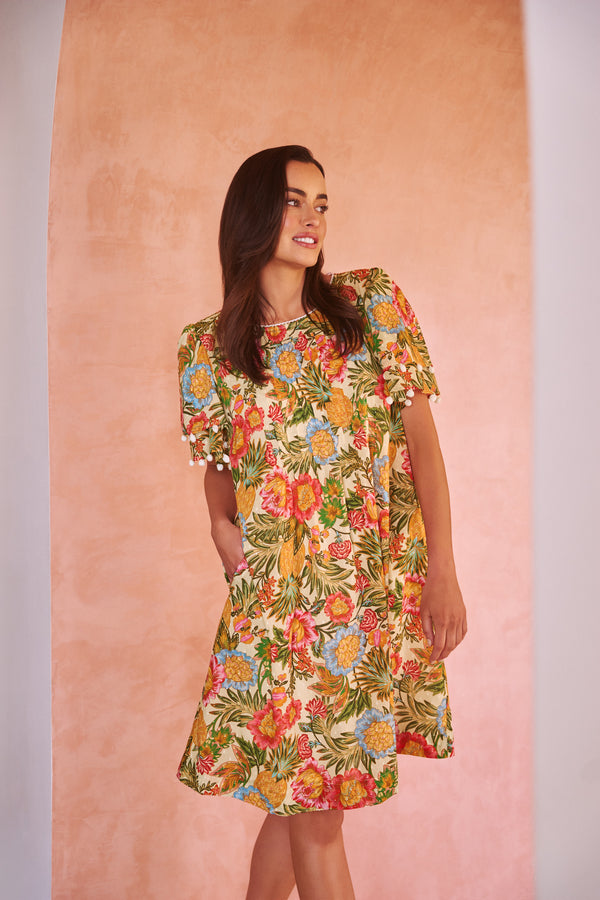 Clipped Cotton Dress - Tropical Print
