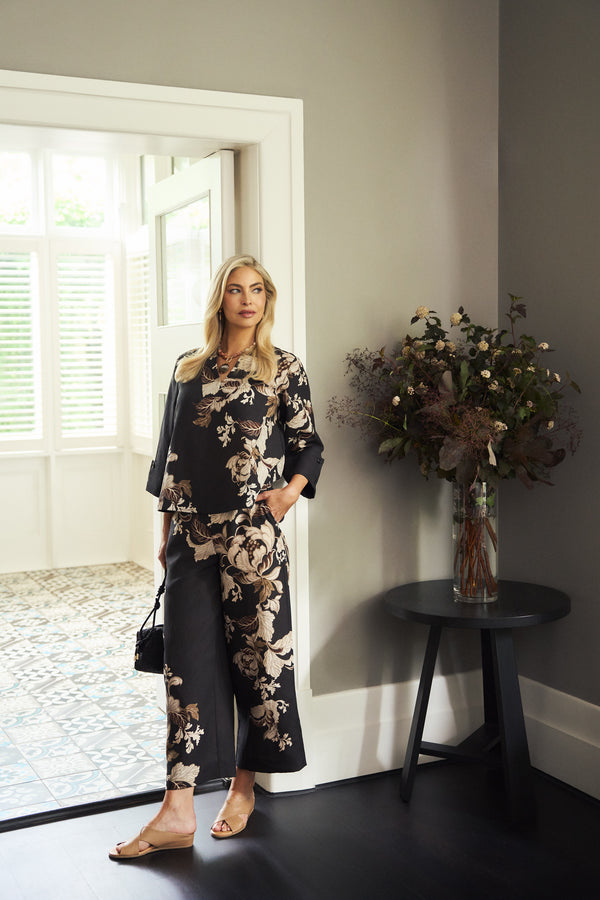 Printed Wide Leg Pant - Black Foliage Print