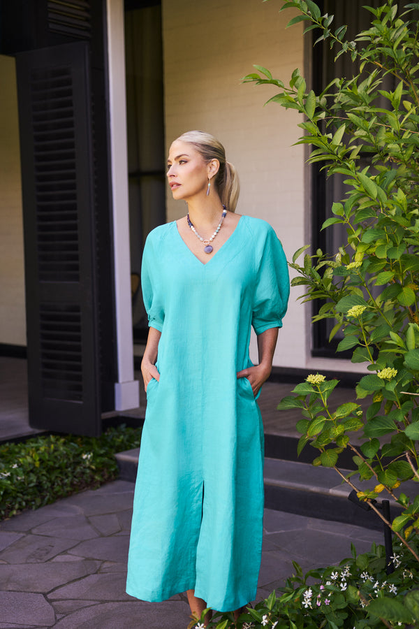 Raglan Sleeve Linen Dress - Aqua Blue