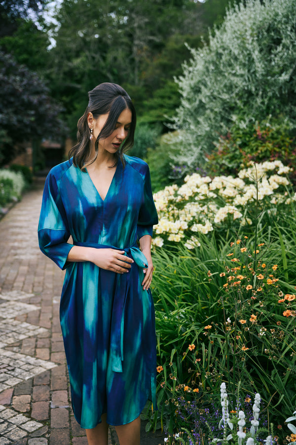 Cocoon Sleeve Printed Dress - Abstract Strokes