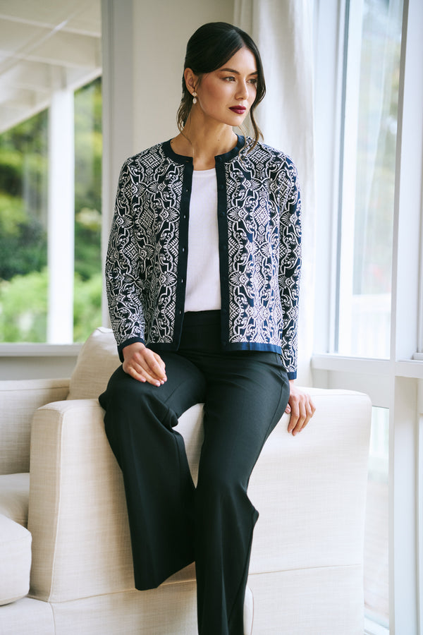 Cotton Jacquard Cardigan - Two Tone Print
