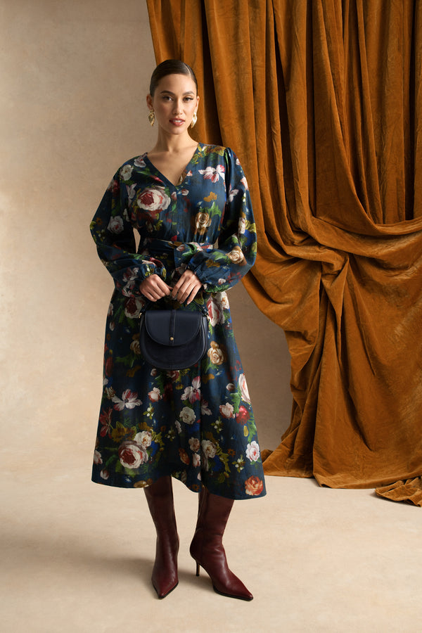 Floral Midi Dress - Ink Botanic Print