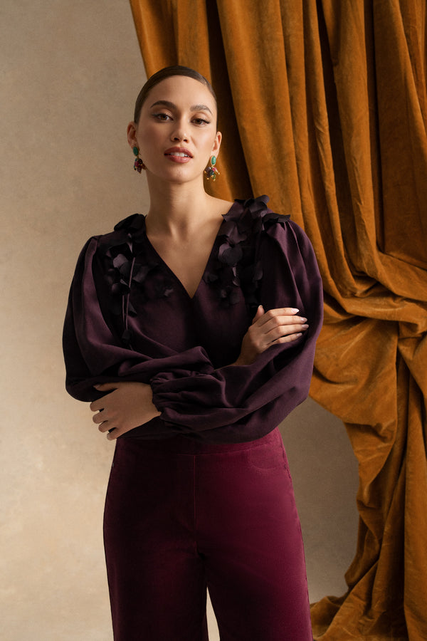 Floral Appliqué Blouse - Cherry