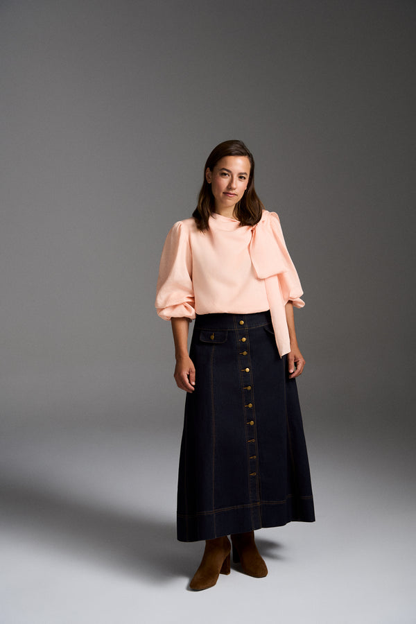 Button Front Denim Skirt - Dark Denim