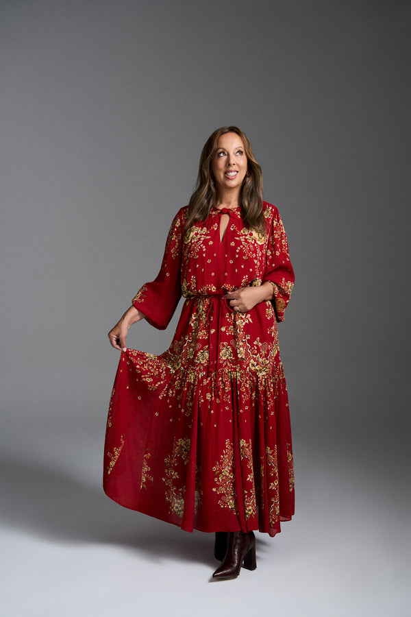 Knot Neck Midi Dress - Crimson Bloom Print