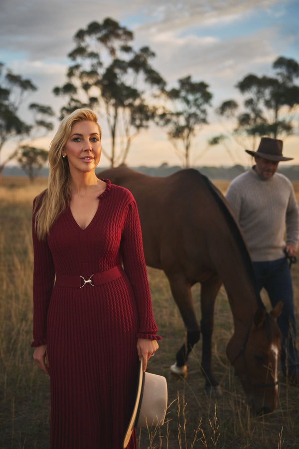 Wool Cable Knit Dress - Claret