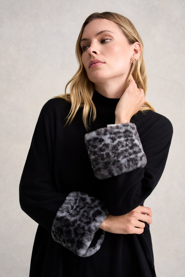 LEOPARD FAUX FUR TRIM PONCHO - BLACK AND WHITE
