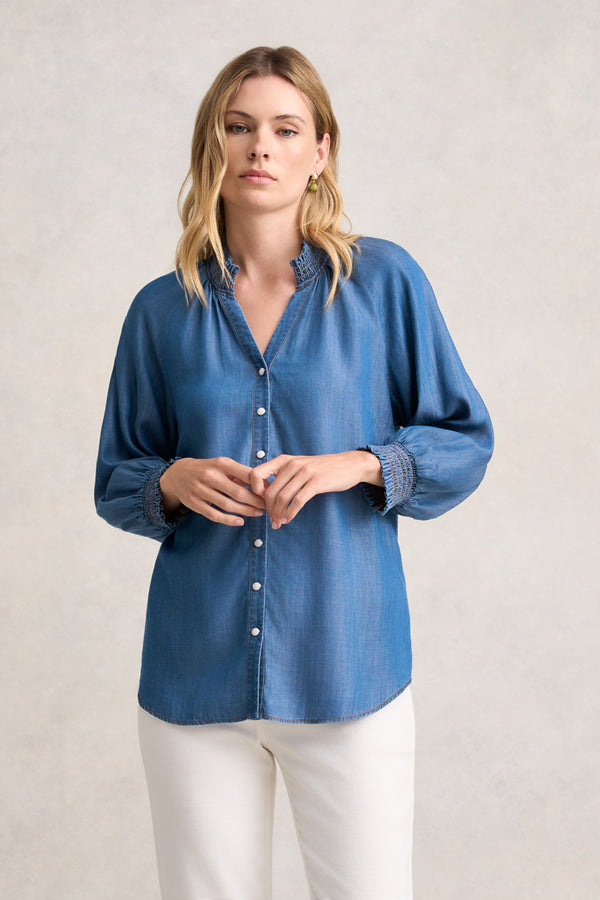 THREE QUARTER SLEEVE CHAMBRAY SHIRT - DENIM CHAMBRAY